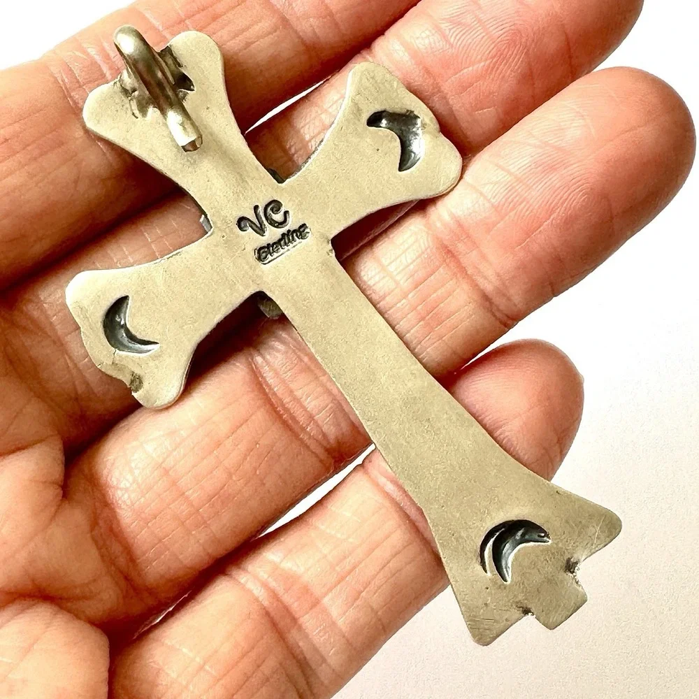 Navajo Cross Pendant 2.7in Purple Spiny Oyster Yucca Sterling V Cayancito Signed